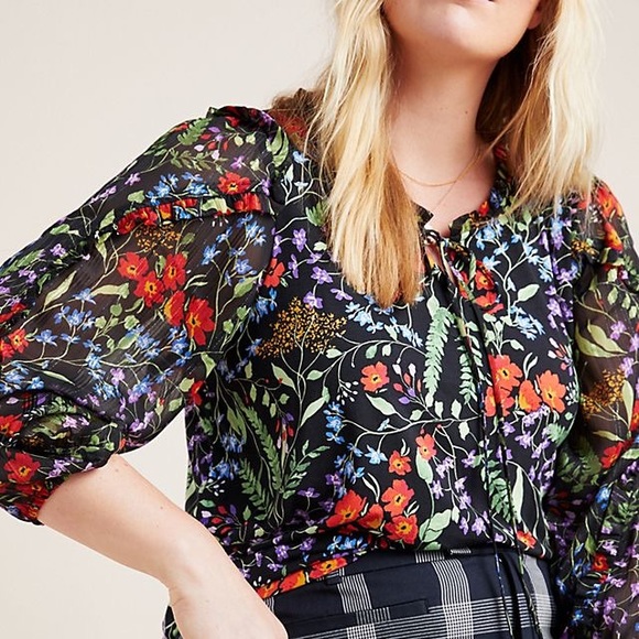 Maeve Anthro Jacquin Floral Business Casual Colorful Puff Sleeves Peasant Blouse - Picture 2 of 15